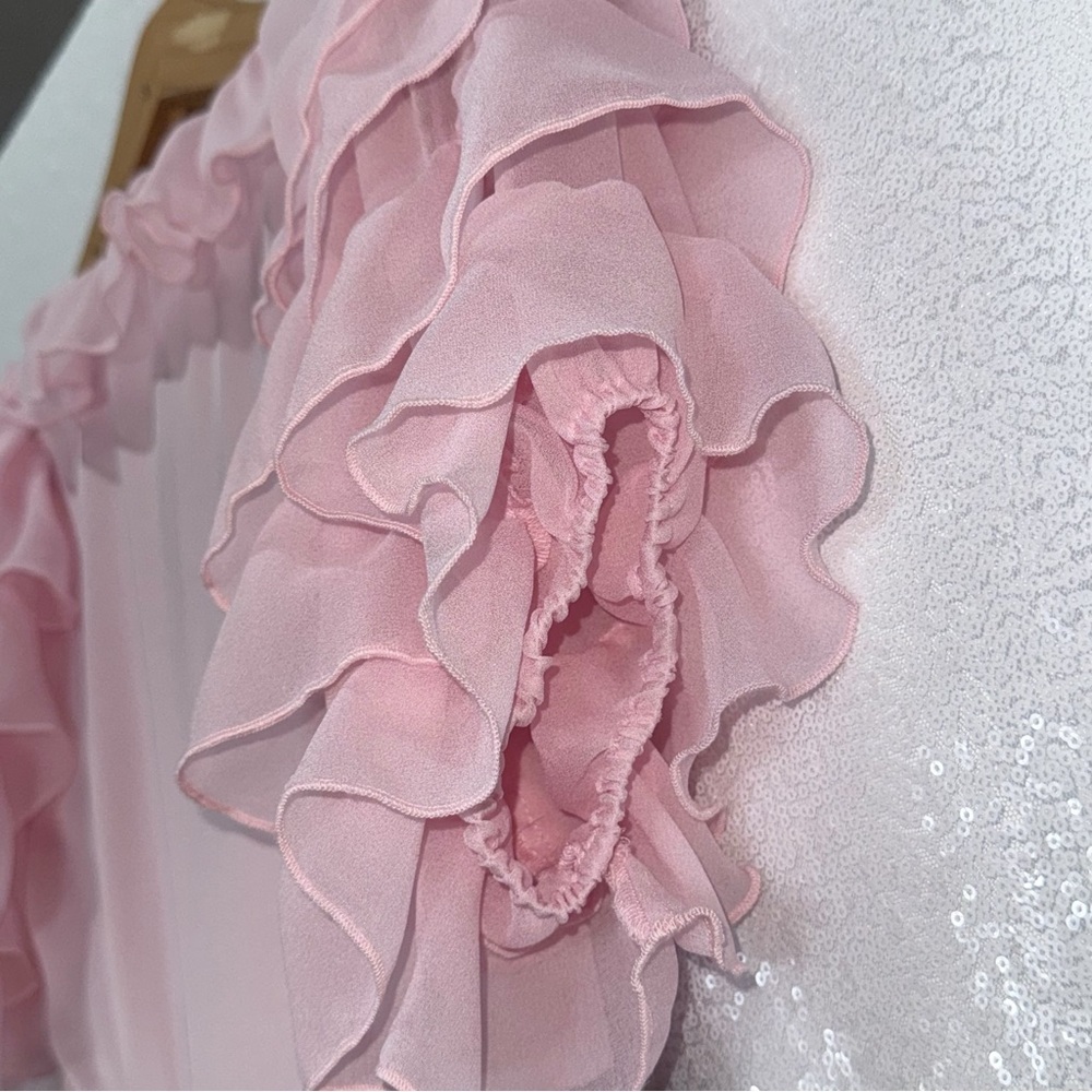 For Love & Lemons Danali Ruffle Pink Ruffle Mini Dress with Black bow - Picture 12 of 16